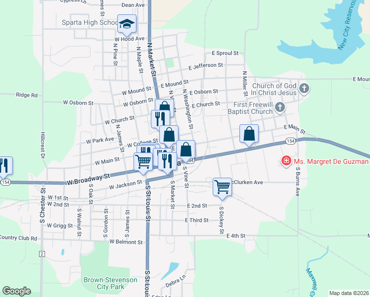 map of restaurants, bars, coffee shops, grocery stores, and more near 210 East Main Street in Sparta