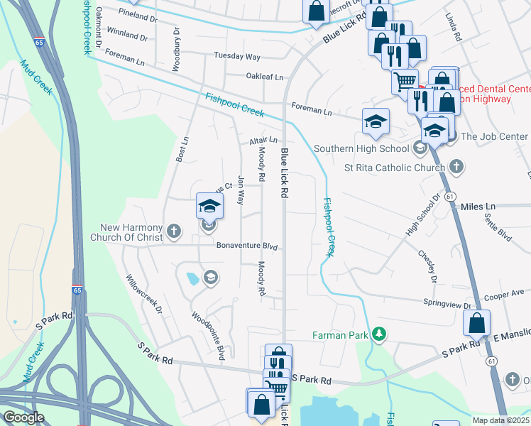 map of restaurants, bars, coffee shops, grocery stores, and more near 8701 Moody Road in Louisville