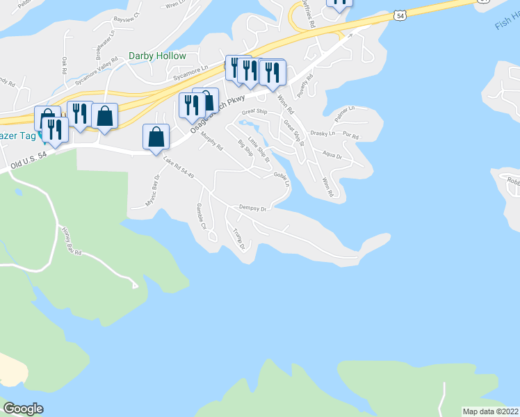 map of restaurants, bars, coffee shops, grocery stores, and more near Lake Road 54-49 in Osage Beach
