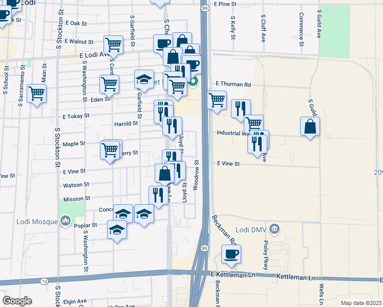 map of restaurants, bars, coffee shops, grocery stores, and more near 649 Joaquin Street in Lodi