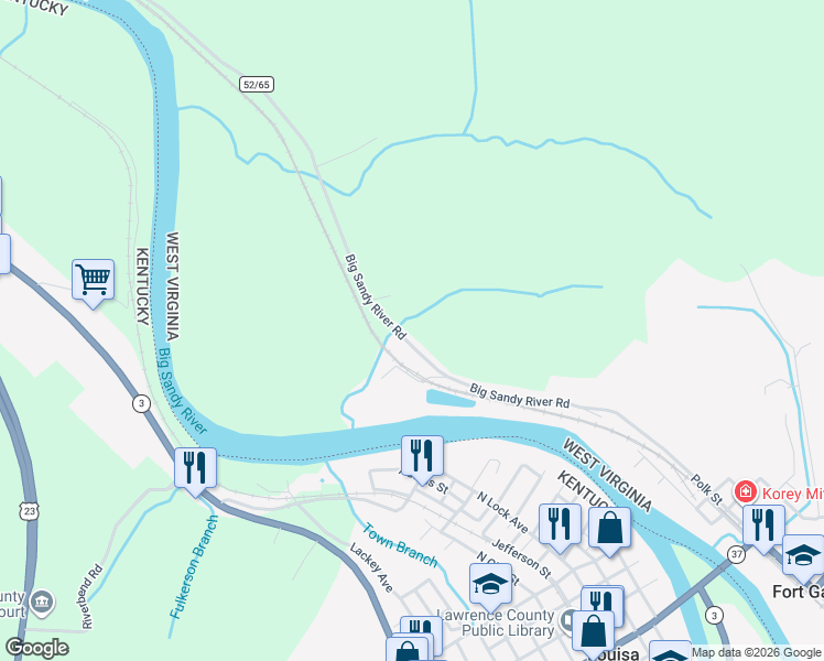 map of restaurants, bars, coffee shops, grocery stores, and more near 2715 Big Sandy River Road in Fort Gay
