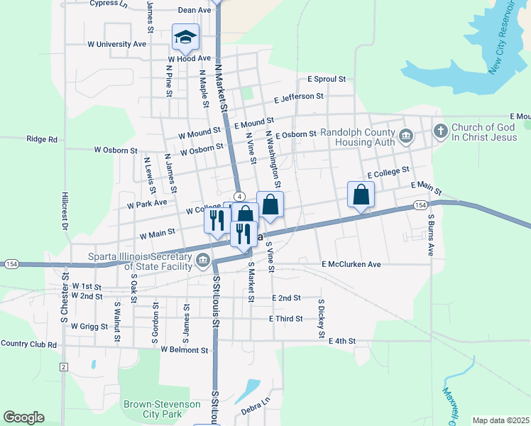 map of restaurants, bars, coffee shops, grocery stores, and more near 210 East Main Street in Sparta