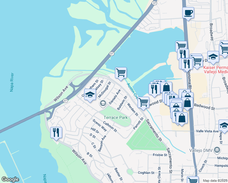 map of restaurants, bars, coffee shops, grocery stores, and more near 711 Daniels Avenue in Vallejo