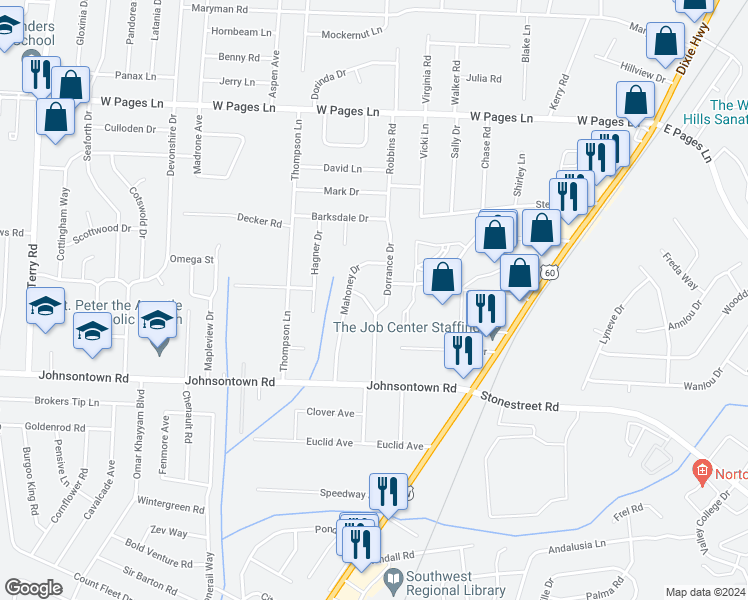 map of restaurants, bars, coffee shops, grocery stores, and more near 9005 Moonglow Avenue in Louisville