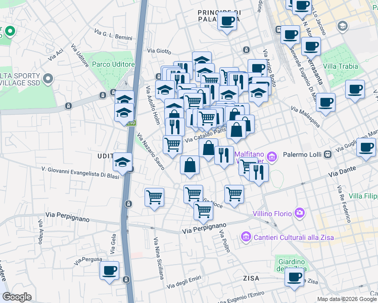 map of restaurants, bars, coffee shops, grocery stores, and more near 109 Via Tommaso Aversa in Palermo
