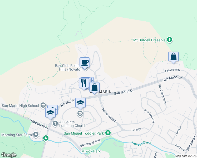 map of restaurants, bars, coffee shops, grocery stores, and more near 230 San Andreas Drive in Novato