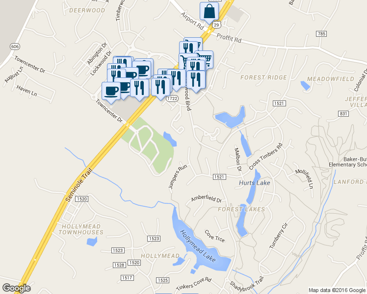 map of restaurants, bars, coffee shops, grocery stores, and more near 3182 Saddlebrook Lane in Charlottesville