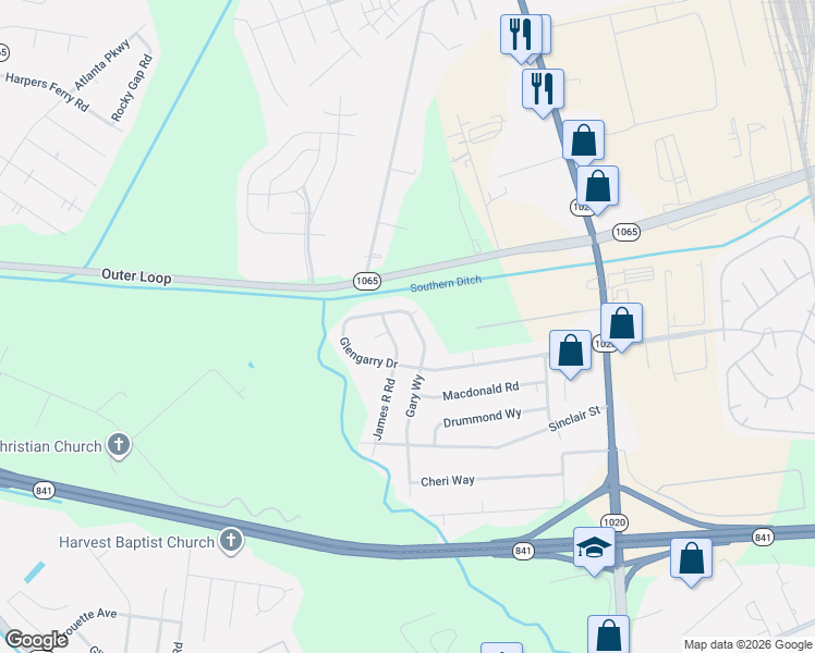 map of restaurants, bars, coffee shops, grocery stores, and more near 8611 James R Road in Louisville