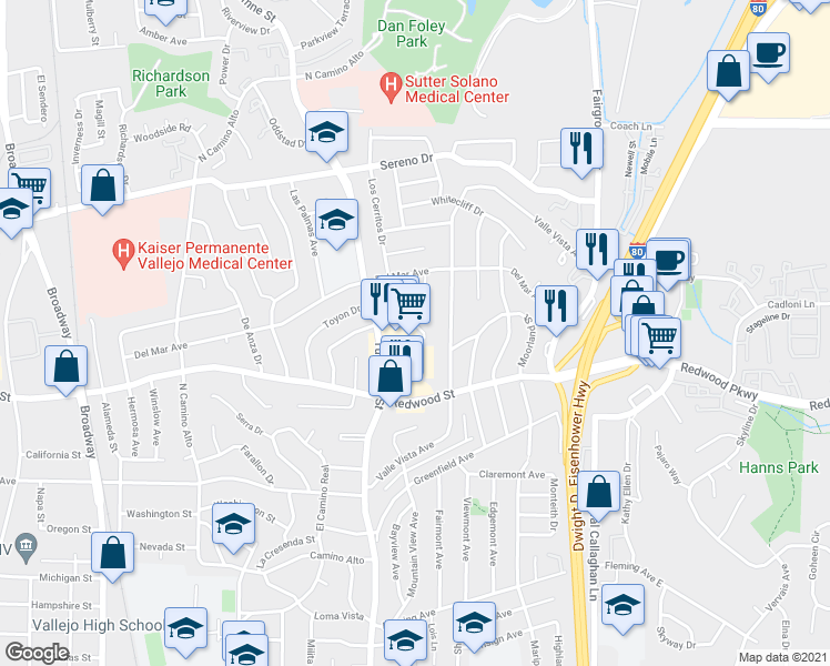 map of restaurants, bars, coffee shops, grocery stores, and more near 1760 Tuolumne Street in Vallejo