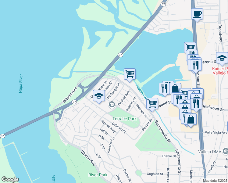 map of restaurants, bars, coffee shops, grocery stores, and more near 1 McDougal Street in Vallejo