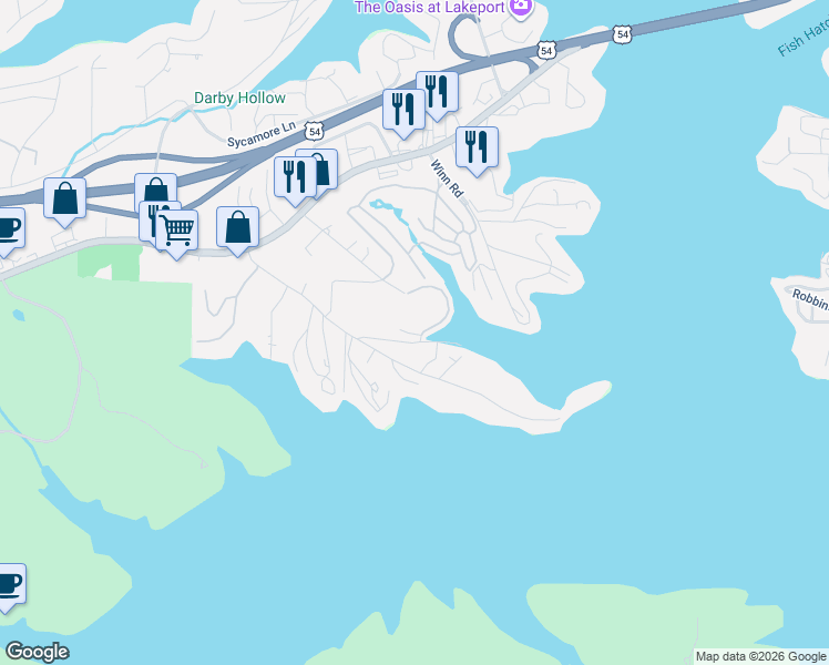 map of restaurants, bars, coffee shops, grocery stores, and more near Lake Road 54-49 in Osage Beach