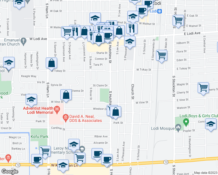 map of restaurants, bars, coffee shops, grocery stores, and more near 801 South Hutchins Street in Lodi