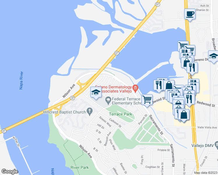 map of restaurants, bars, coffee shops, grocery stores, and more near 1531 McDougal Street in Vallejo