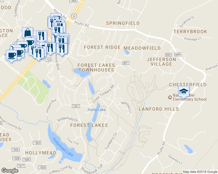 map of restaurants, bars, coffee shops, grocery stores, and more near 2029 Locke Lane in Charlottesville