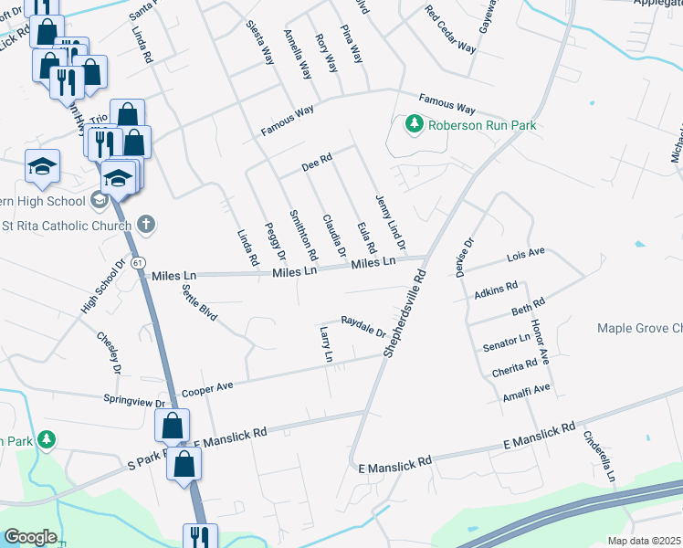 map of restaurants, bars, coffee shops, grocery stores, and more near 1319 Villa Park Drive in Louisville