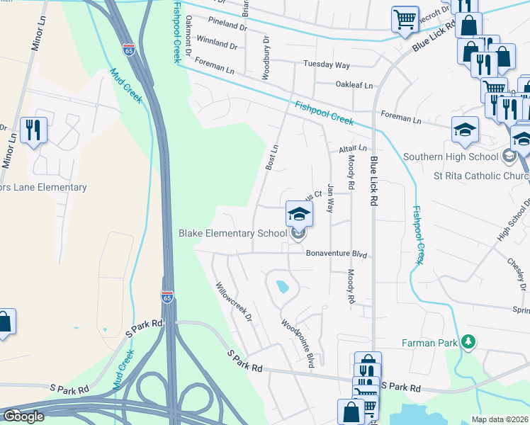 map of restaurants, bars, coffee shops, grocery stores, and more near 8801 Bost Lane in Louisville