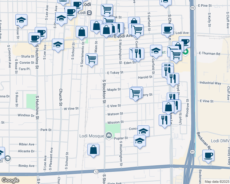 map of restaurants, bars, coffee shops, grocery stores, and more near 819 South Washington Street in Lodi
