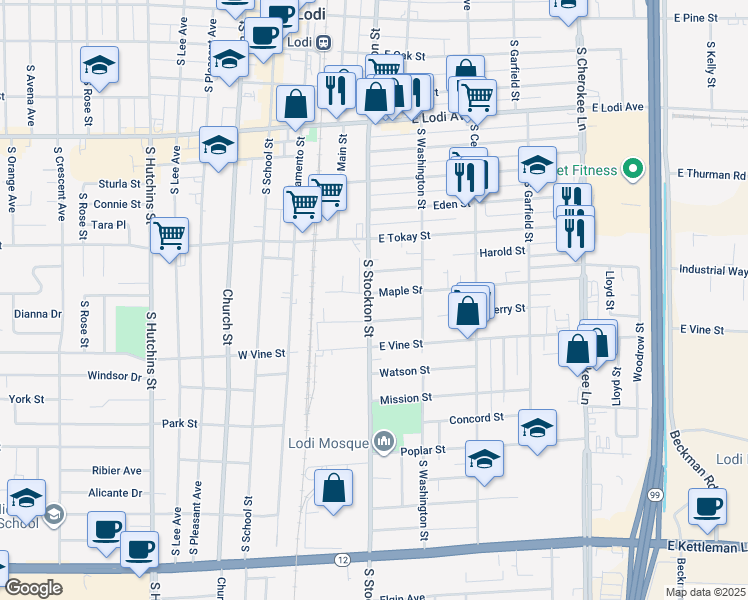 map of restaurants, bars, coffee shops, grocery stores, and more near 209 Cherry Street in Lodi