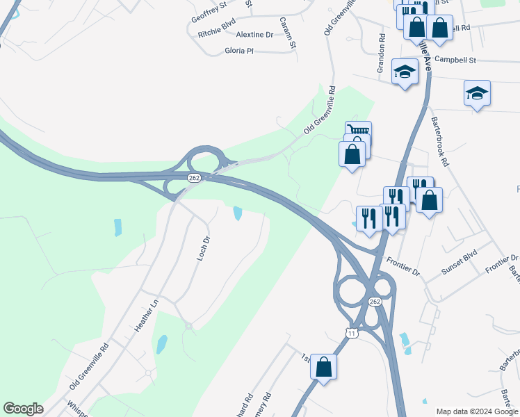 map of restaurants, bars, coffee shops, grocery stores, and more near 186 Fairfield Drive in Staunton