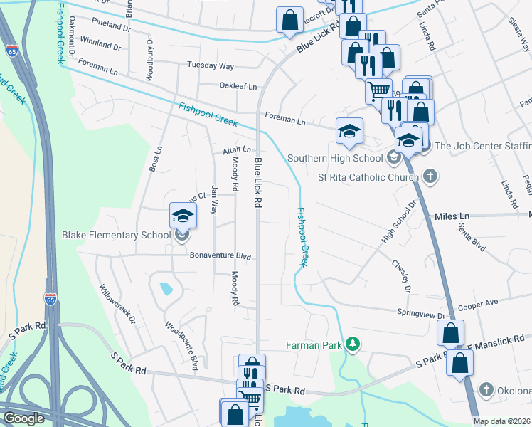 map of restaurants, bars, coffee shops, grocery stores, and more near 4002 Weigela Drive in Louisville