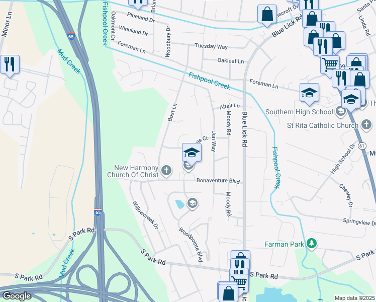 map of restaurants, bars, coffee shops, grocery stores, and more near 3708 Canopus Court in Louisville