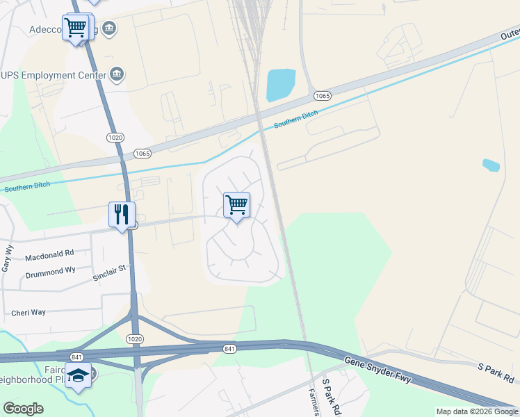map of restaurants, bars, coffee shops, grocery stores, and more near 9904 Glengarry Court in Louisville