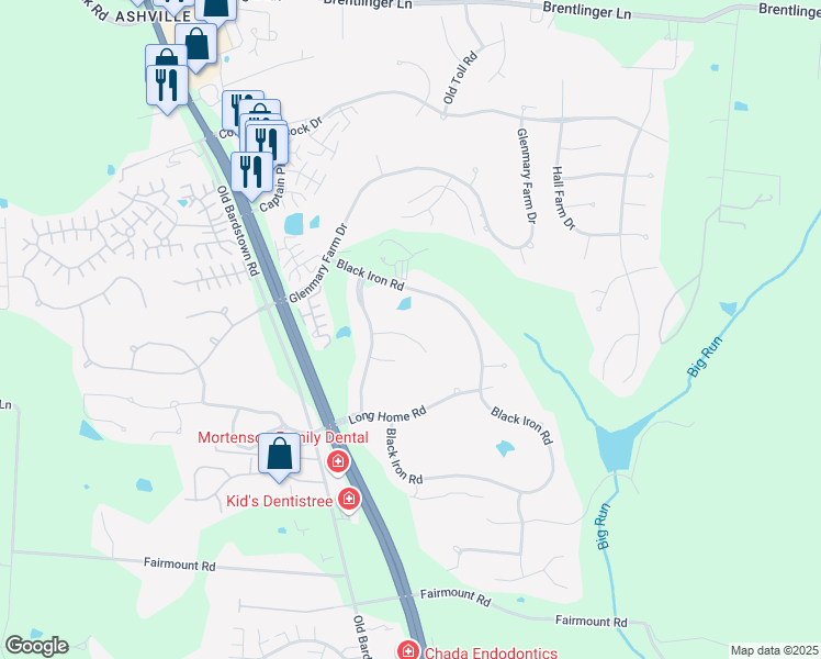 map of restaurants, bars, coffee shops, grocery stores, and more near 10309 Long Barn Court in Louisville