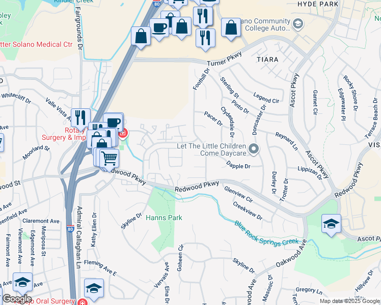 map of restaurants, bars, coffee shops, grocery stores, and more near 123 Welsh Court in Vallejo