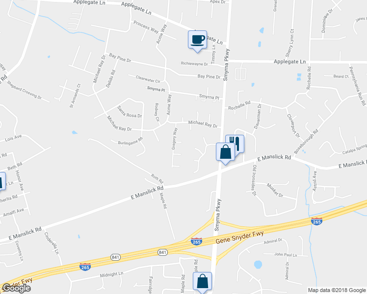 map of restaurants, bars, coffee shops, grocery stores, and more near 6104 Diablo Court in Louisville