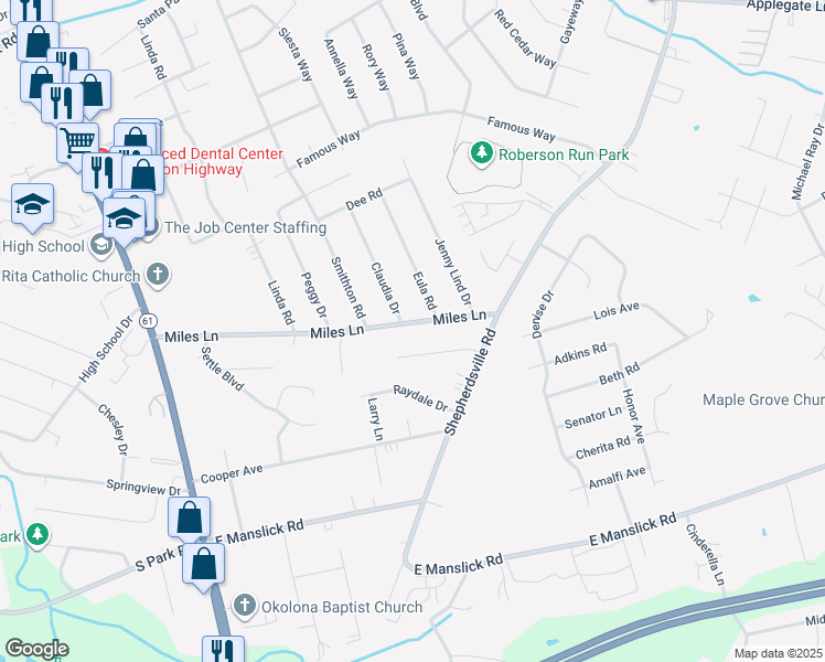 map of restaurants, bars, coffee shops, grocery stores, and more near 1319 Villa Park Drive in Louisville
