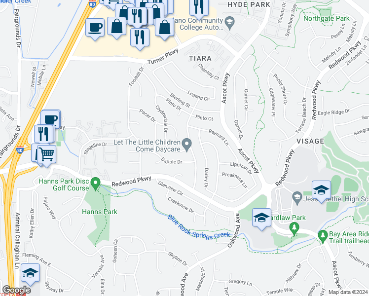 map of restaurants, bars, coffee shops, grocery stores, and more near 373 Clydesdale Drive in Vallejo