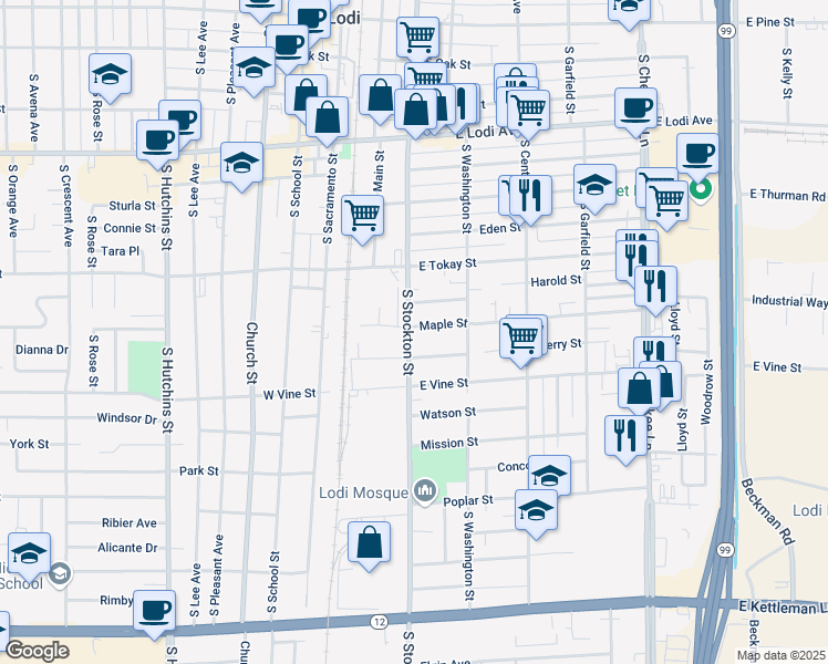 map of restaurants, bars, coffee shops, grocery stores, and more near 209 Cherry Street in Lodi