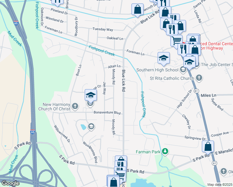 map of restaurants, bars, coffee shops, grocery stores, and more near 8701 Moody Road in Louisville