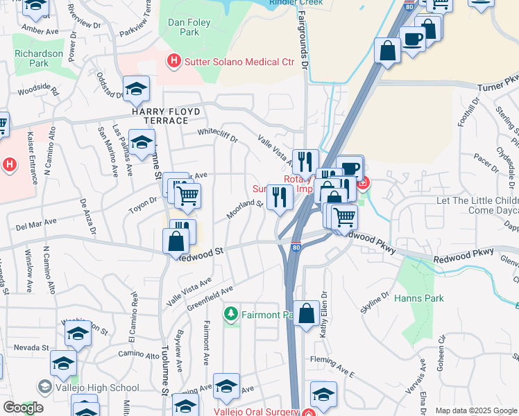 map of restaurants, bars, coffee shops, grocery stores, and more near 441 Moorland Street in Vallejo