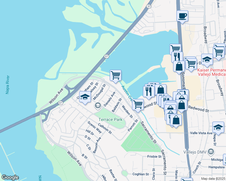 map of restaurants, bars, coffee shops, grocery stores, and more near 720 Daniels Avenue in Vallejo