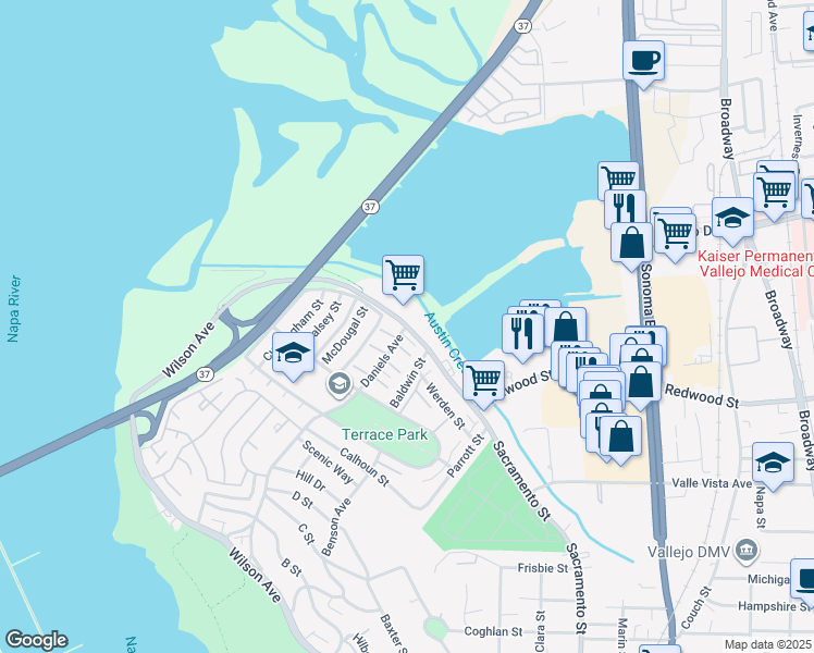 map of restaurants, bars, coffee shops, grocery stores, and more near Sacramento Street & Daniels Avenue in Vallejo