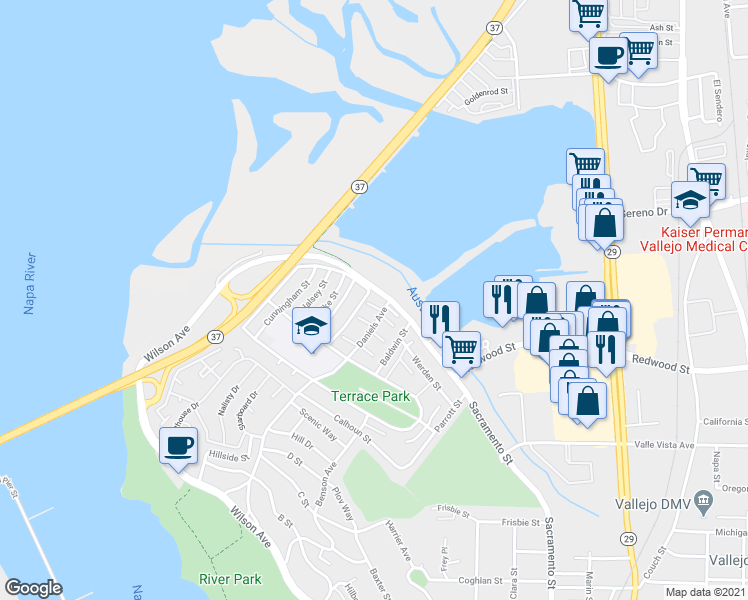map of restaurants, bars, coffee shops, grocery stores, and more near 720 Daniels Avenue in Vallejo