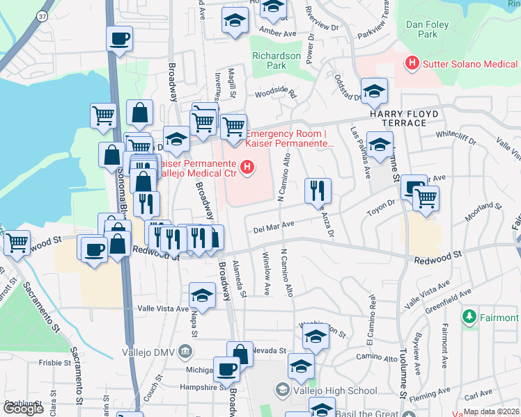 map of restaurants, bars, coffee shops, grocery stores, and more near 212 Del Mar Avenue in Vallejo