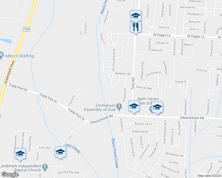 map of restaurants, bars, coffee shops, grocery stores, and more near 7001 Matthews Road in Louisville