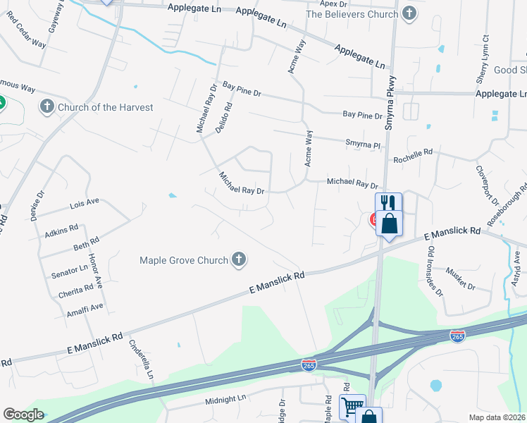 map of restaurants, bars, coffee shops, grocery stores, and more near 8500 Burlingame Road in Louisville