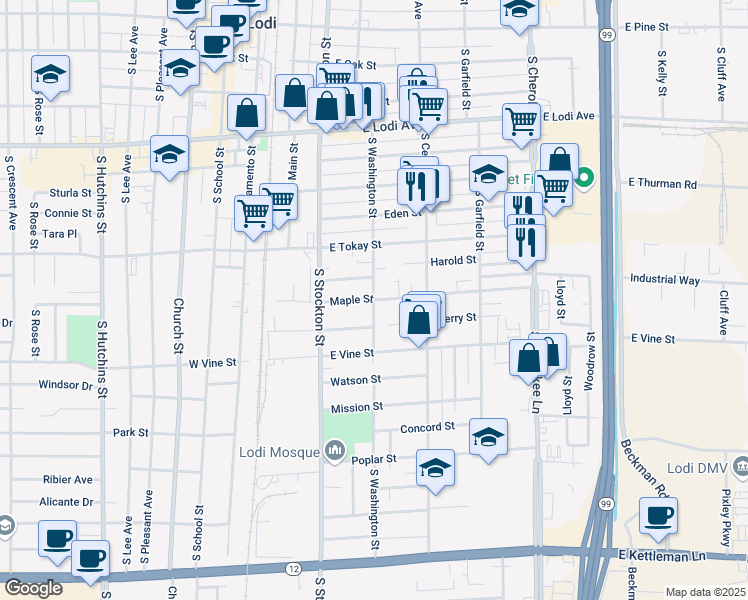 map of restaurants, bars, coffee shops, grocery stores, and more near 731 South Washington Street in Lodi
