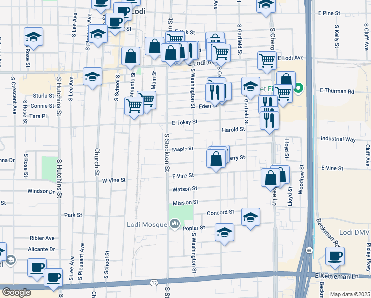 map of restaurants, bars, coffee shops, grocery stores, and more near 731 South Washington Street in Lodi