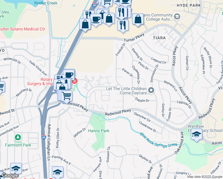 map of restaurants, bars, coffee shops, grocery stores, and more near 295 Cadloni Lane in Vallejo