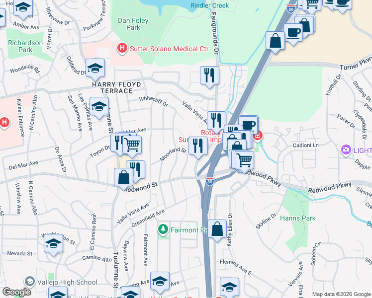 map of restaurants, bars, coffee shops, grocery stores, and more near 468 Moorland Street in Vallejo