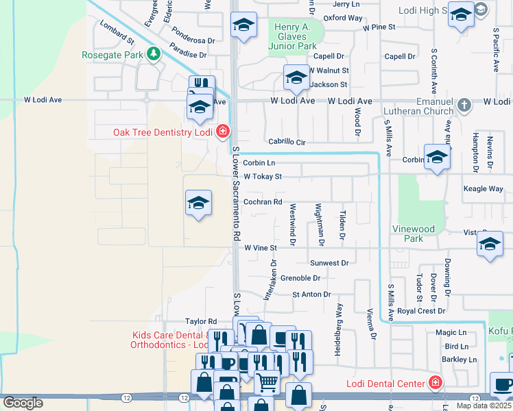 map of restaurants, bars, coffee shops, grocery stores, and more near 2416 Summerset Court in Lodi