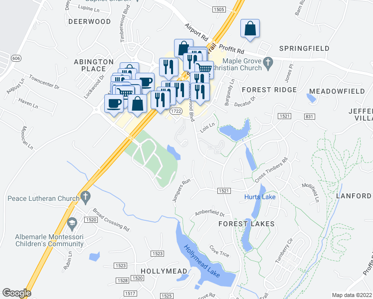 map of restaurants, bars, coffee shops, grocery stores, and more near 3214 Gateway Circle in Charlottesville