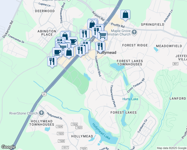 map of restaurants, bars, coffee shops, grocery stores, and more near 3214 Gateway Circle in Charlottesville