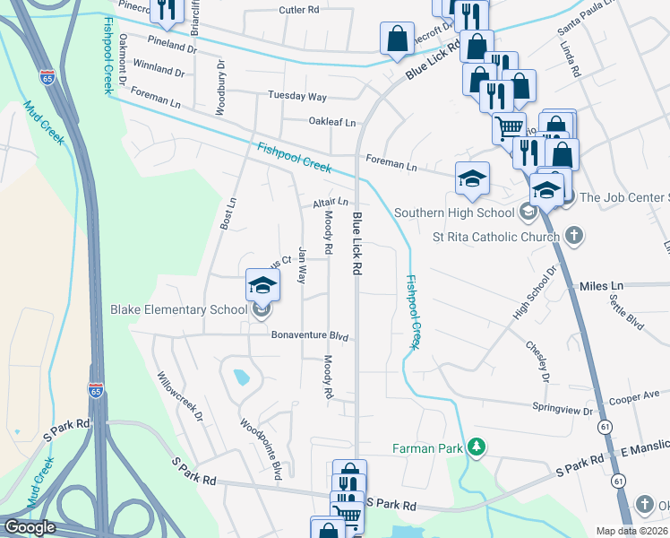 map of restaurants, bars, coffee shops, grocery stores, and more near 8605 Moody Road in Louisville