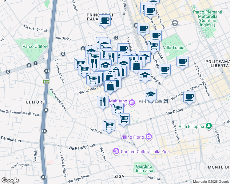 map of restaurants, bars, coffee shops, grocery stores, and more near 8 Via Francesco Vivona in Palermo