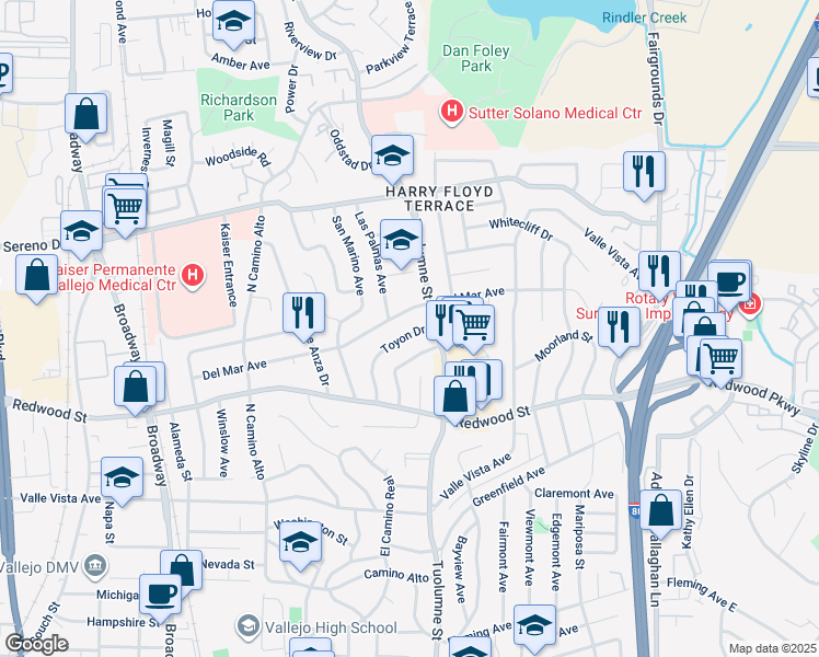 map of restaurants, bars, coffee shops, grocery stores, and more near 175 Toyon Drive in Vallejo